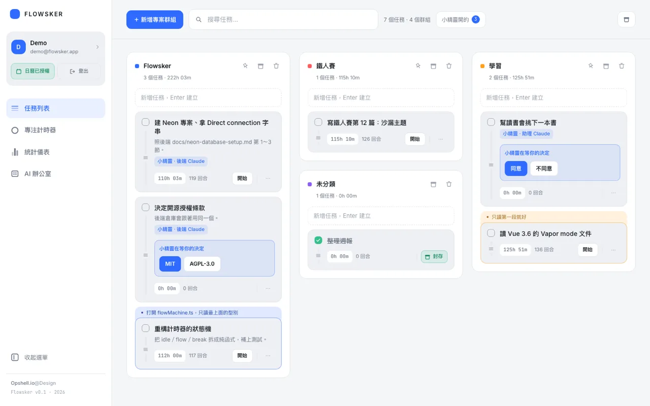 任務看板：三個專案群組，卡片上有累積時數、回合數與小精靈在等的決定